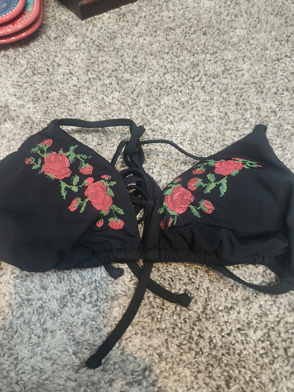 Guess Black Floral Embroidered Lace-Up Bralette